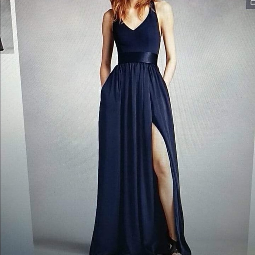 V neck halter gown with sash in midnight